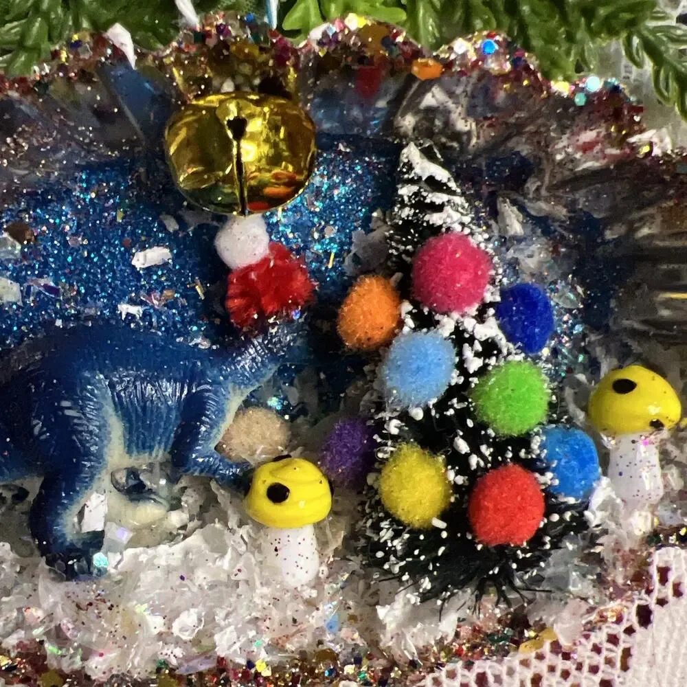 Vintage Oval Tart Tin Dinosaur Tree Diorama Mid Century Style Glitter Ornament